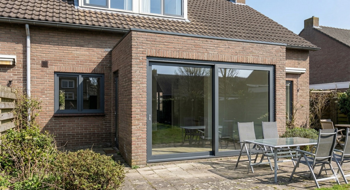 Render: nieuwe situatie, Schuifpui woonkamer naar tuin