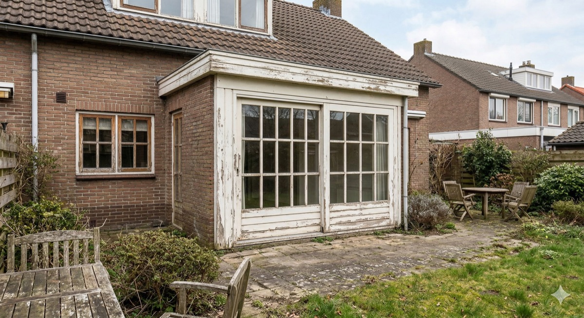 Render: oude situatie, Schuifpui woonkamer naar tuin
