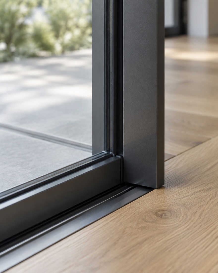 Render: close-up van een slank antraciet aluminium profiel dat het glas ontmoet